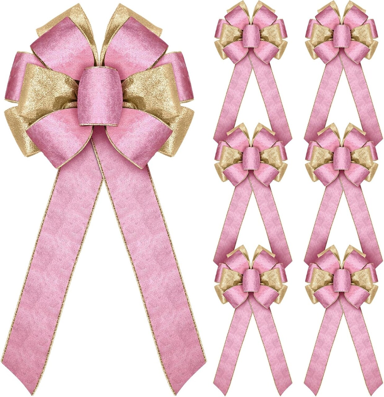 6 Pcs Large Christmas Bows, 10" x 20" Velvet Glitter Christmas Bow for Wreath Tree Topper Ornament Bow for Xmas Home Indoor Outdoor Front Door(Pink, Gold)